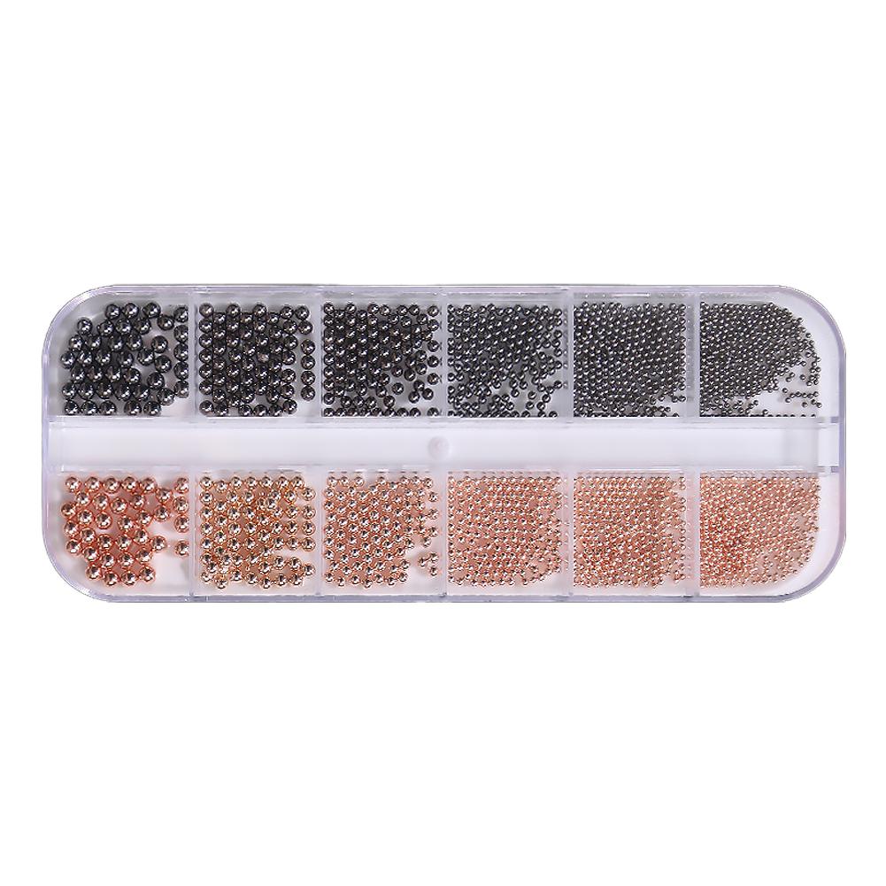 12Grids Mixed Mini Round Beads Nail Art Decor DIY 3D Nail Charms Micro Metal Ball Gold Silver Black Metal Beads for UV Gel Nail