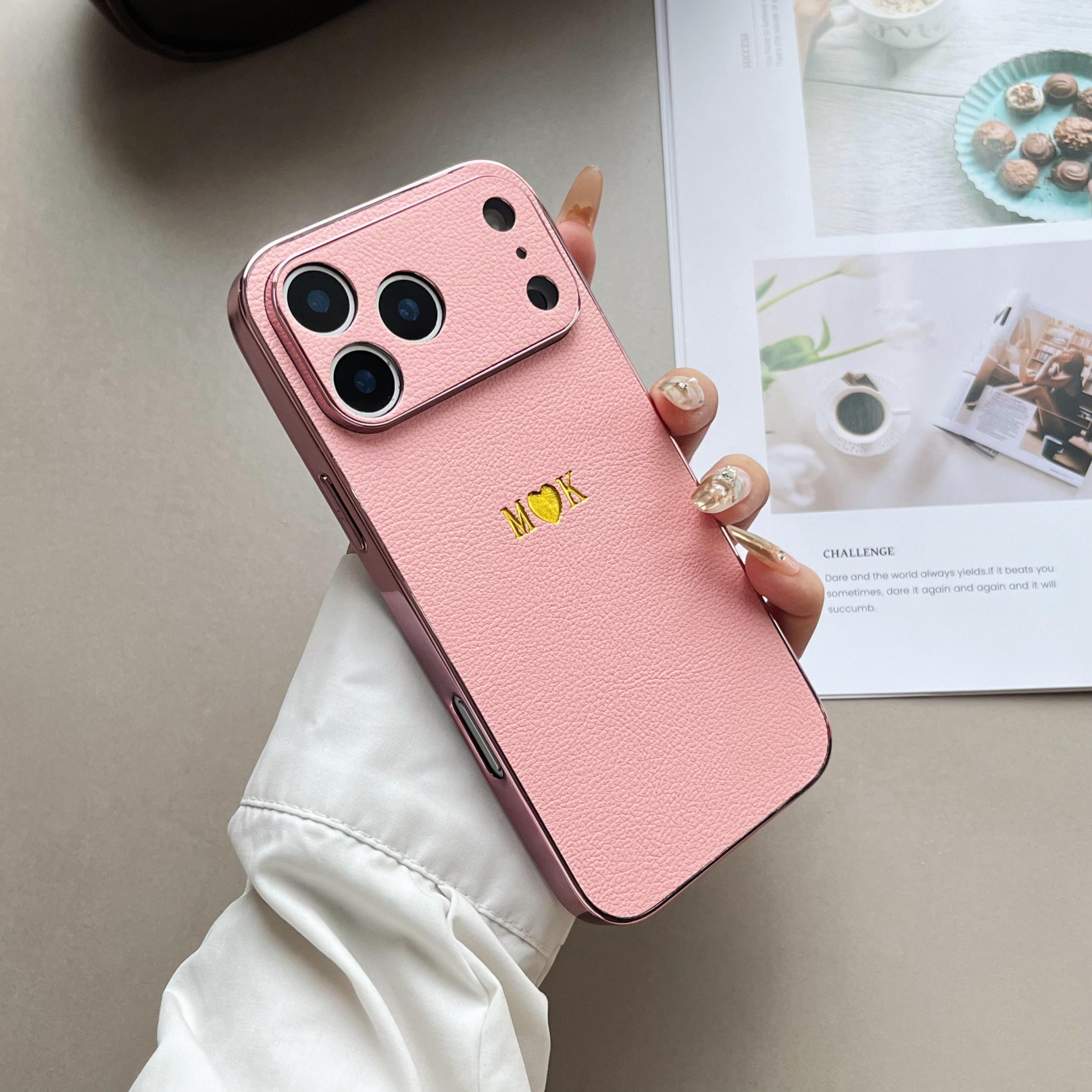 

Luxury Faux Leather Plating Phone Case For iPhone 17 16 15 14 13 Pro Max Plus Air Custom Name Gold 3D Hot Foil Engraved Cover For iPhone 15 Pro