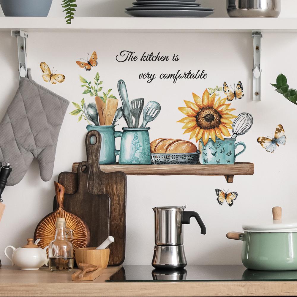 Kreatives Küchengeschirr mit Sonnenblumen und Schmetterlingen Wandaufkleber Selbstklebend Abnehmbar für Küche Esszimmer Hintergrund Heimdeko
