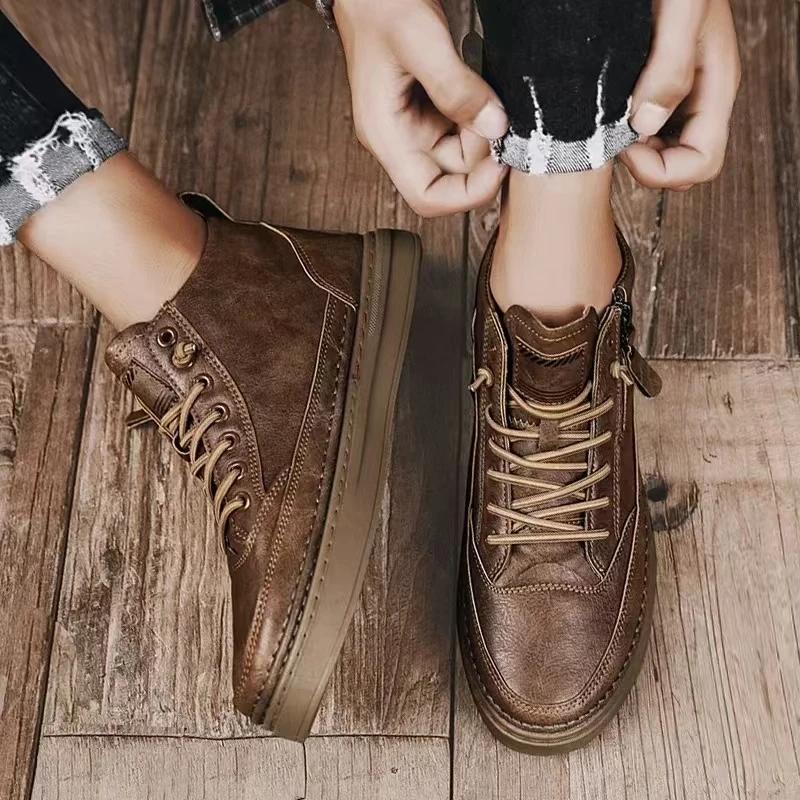Fashion Mens Boots Winter Fashion High Top Leather Shoes Brown Black Ankle Boots Short Plush Lace-up Cotton Shoes Male Sneakers New