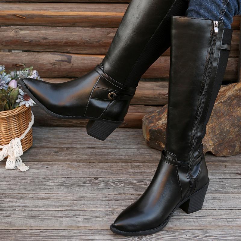 High-top Shoes, Thick-heeled Pointed Boots, Large-sized Mid-heeled Side Zipper Boots, Women's Shoes