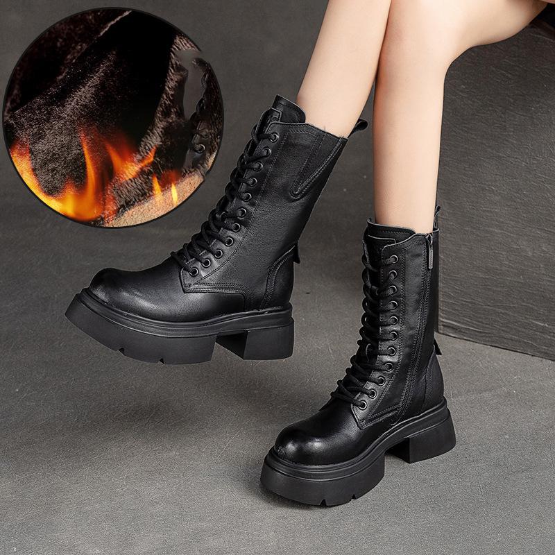 Fashion GKTINOO 2025 Winter Plush Genuine Leather Women Boots Platform Booties Soft Cowhide Women's Shoes Zip Ankle Boots Zapatos Mujer