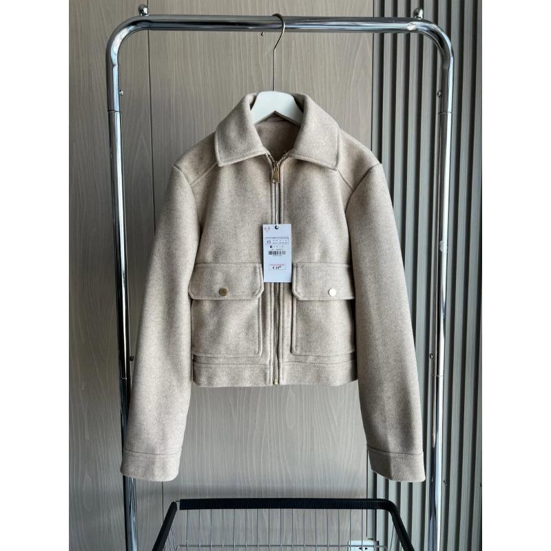 Women's Soft Zip-up Jacket Autumn/Winter Collection Lapel Solid Color Pocket Trim and Long Sleeve Short Jacket