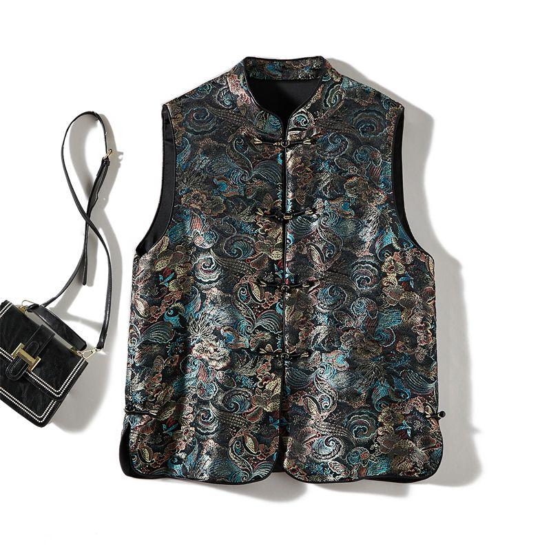 

The Color Is Novel! Ethnic Style Women Buckle Satin Cotton Nylon Digital Phoenix Tail Hot Printed Pattern Vest Stacked All-Matching Outerwear Thin Flower color L