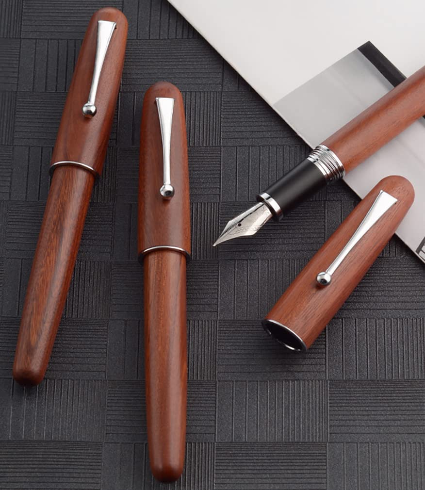 Gullor Natural Wood Fountain Medium Ink Screw Silver Clip Pen, Nib, Converter, Cap,