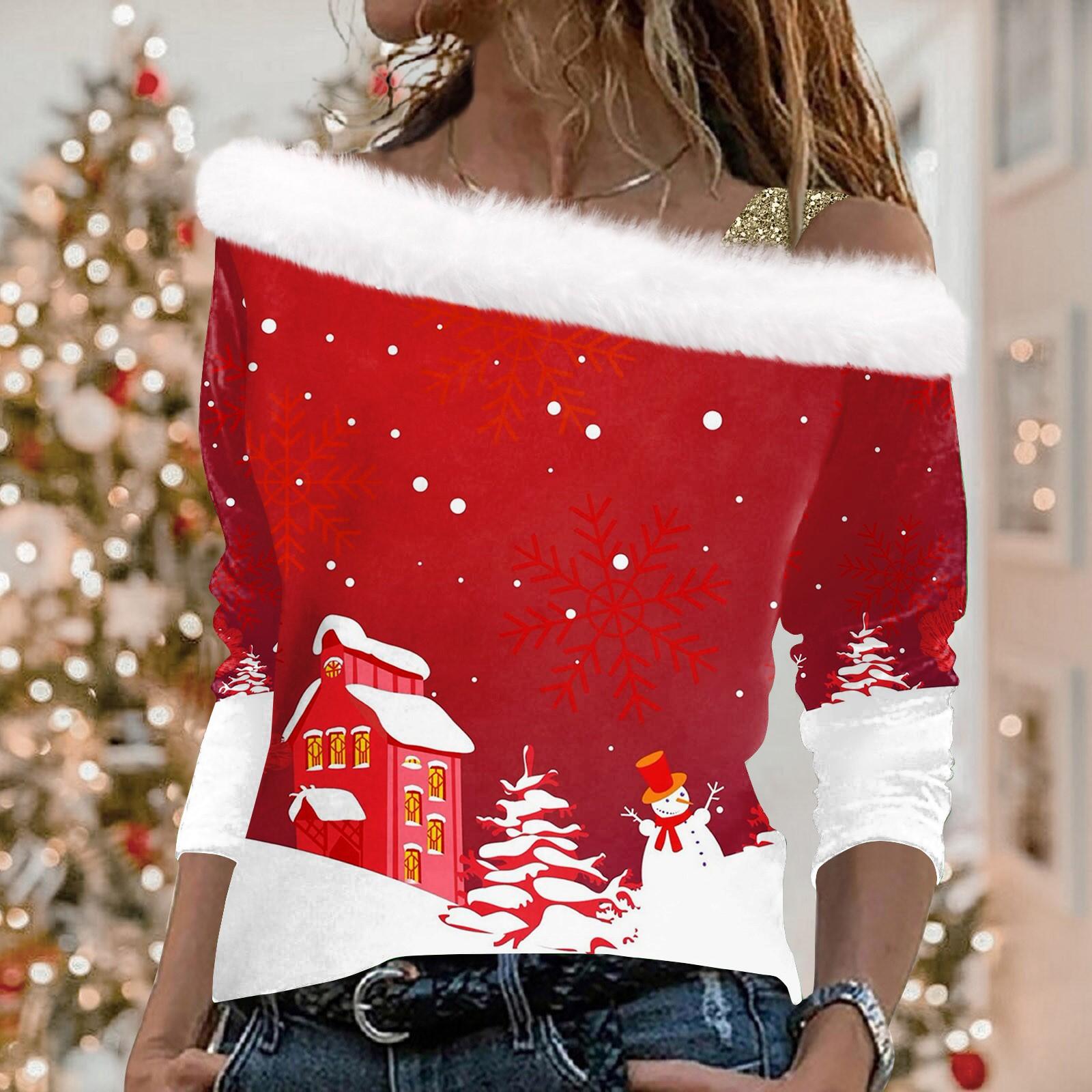 

Женский повседневный свободный топ с длинными рукавами и рождественским принтом из плюша XL