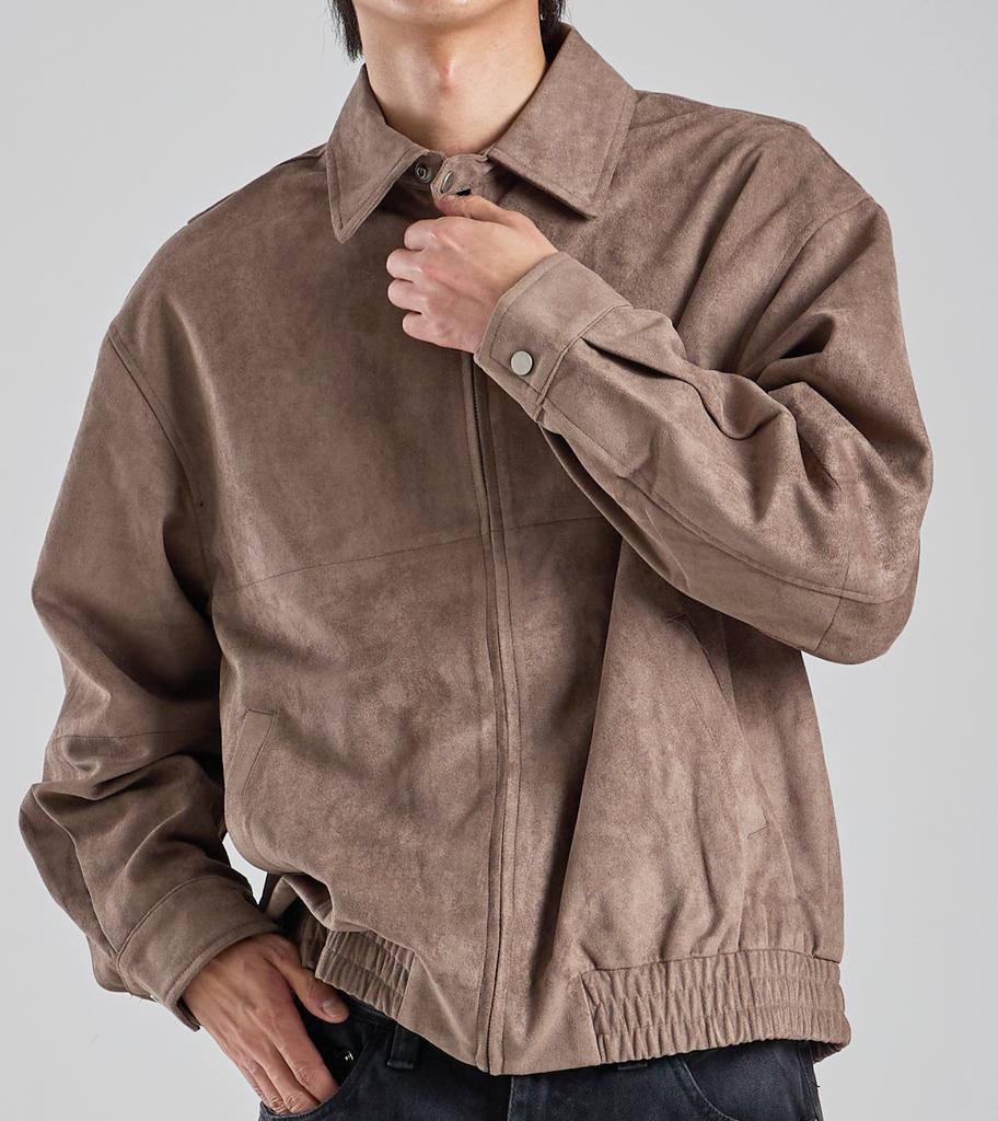 Button Seoul Vegan Suede Minimal Blouson Zip-Up Jacket (Brown)
