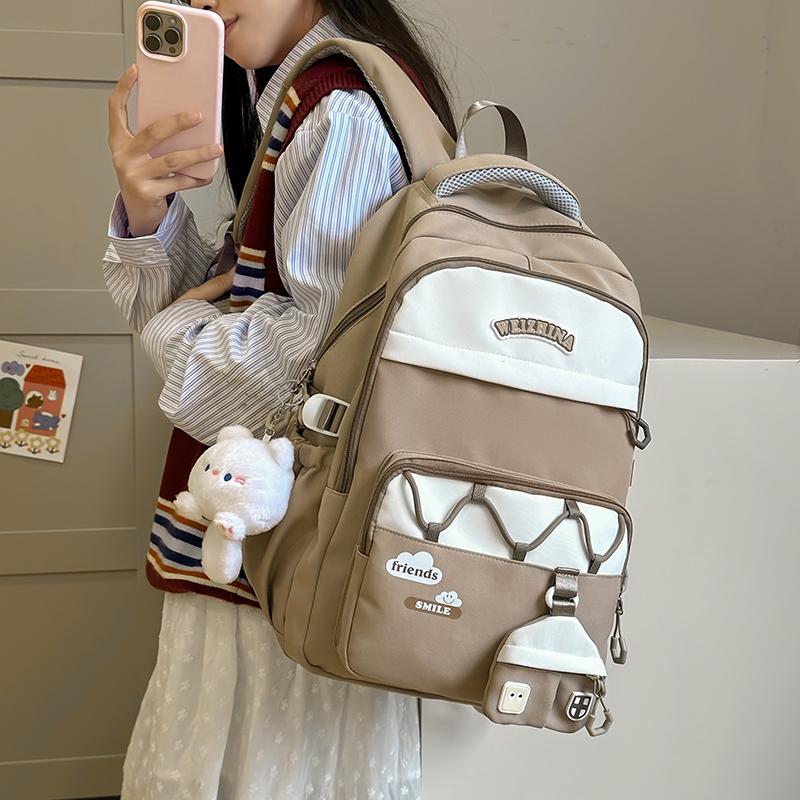 Student Schoolbag Women's Color Contrast Backpack Large Capacity Backpack with Coin Purse