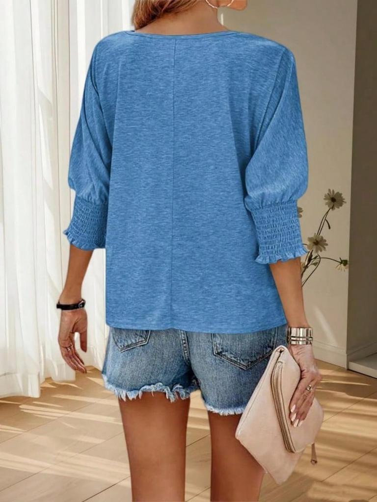 Women's Solid Color Crew Neck Blouse Three Quarter Sleeve Loose Fit Work Top