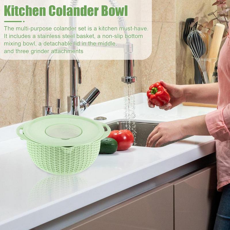Kitchen Colander Bowl Set Rice Strainer Fruit Cleaner Bowl Stainless Colander Bowl With Handles Double Layer Rotatable Pot