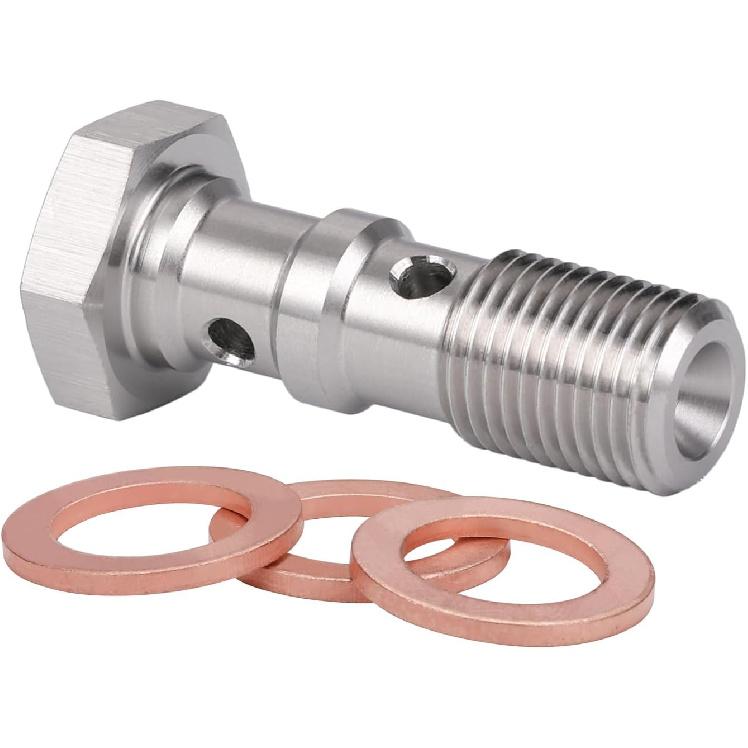 M10x1.0 Metric Stainless Steel Double Banjo Bolt Brake Fitting Adapter 30mm Long with Copper Washers