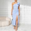 Robe robe bleu clair à une épaule et volants, robe de soirée taille haute ajustée, populaire