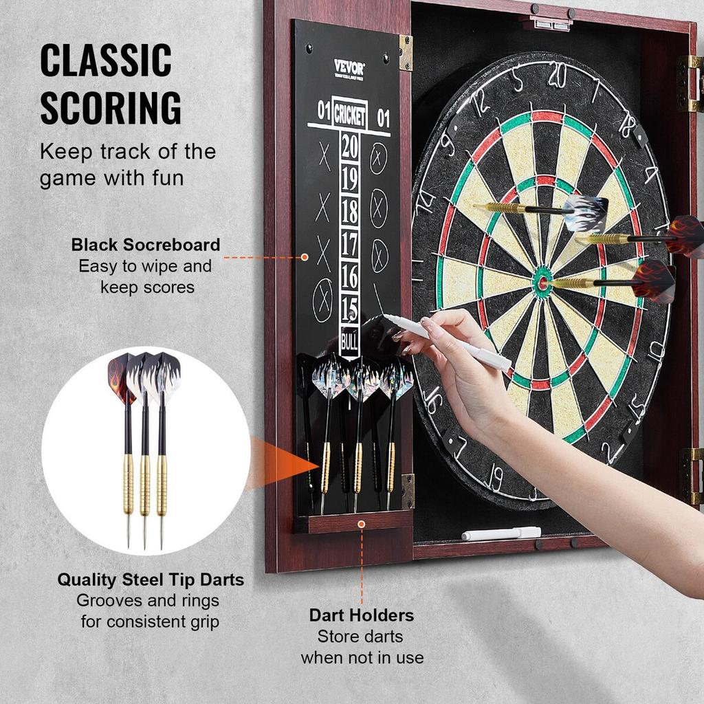 Dartboard and Cabinet Set Official Size Complete Accessory Steel Tip Dart