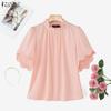 Women Casual Stand Collar Ruffles Short Sleeve Blouse