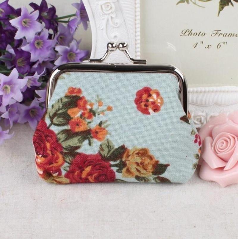 Women Girl Retro Rose Flowers Printed Hasp Canvas Coin Purse Wallets Buckle Pouch Bag Gift 1 Pc