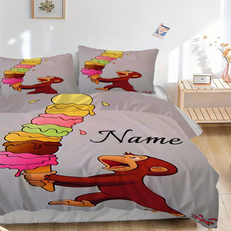 

3pcs Curious George Ice Cream Cone Print Bedding Set-Universal Three-Piece Suit for Bedroom, Guest Room, Living Room, Hotel, Holiday Gift, S 135x200cm