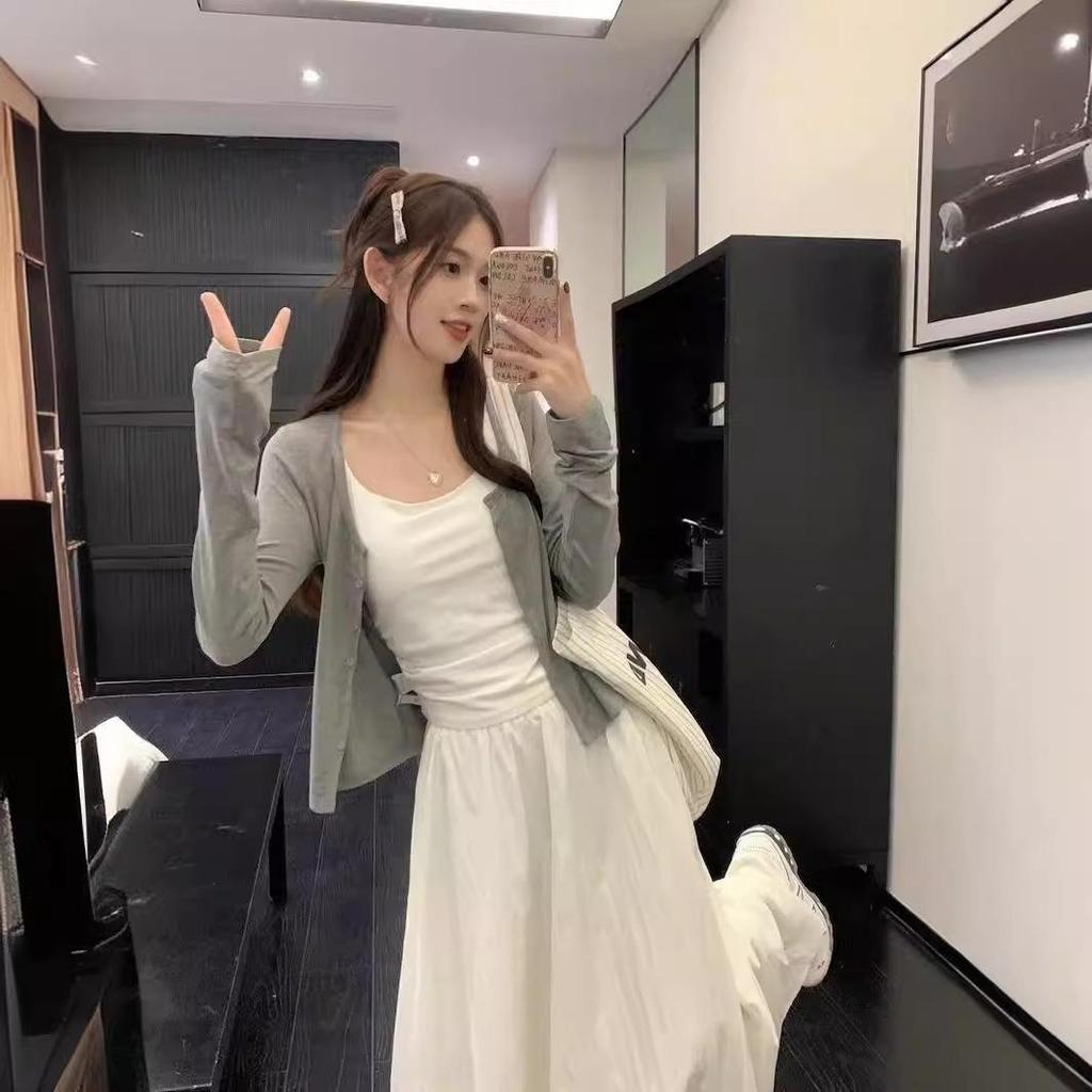 Damesommerhvitt midiskjørt og cardigan tredelt sett - Elegant og moden stil, gudinnevibb, langermet