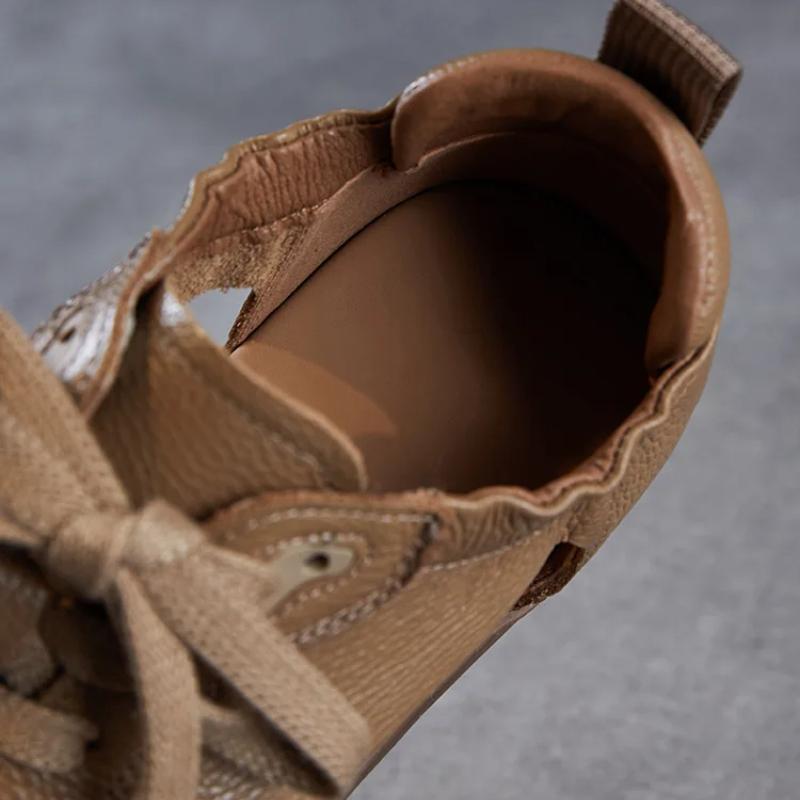 Johnature Sandalias Peep Toe de Cuero Genuino Retro de Suela Plana con Cordones Zapatos de Mujer de Suela Blanda