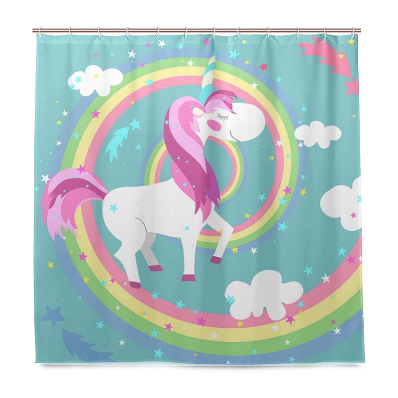 Lovely Cartoon Unicorn Shower Curtain Smiling Animal Poop A Rainbow Waterproof Fabric Bathroom Curtains Mildew Resistant Curtain