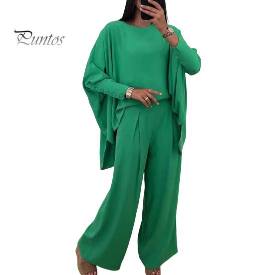 

2 шт./комплект женский топ брюки костюм круглый вырез нерегулярный подол рукава летучая мышь однотонная блузка эластичная талия широкие брюки повседневная одежда для поездок на работу XXL зелёный