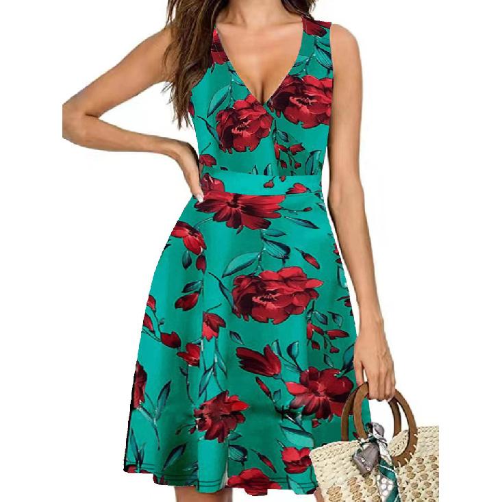 Women Elegant V-Neck Fashion Printed Pocket Sleeveless Dresses Summer Ladies Casual Short Dress Female Party Vestidos