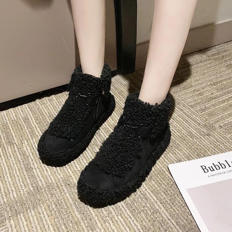 Snow boots women's new lamb wool short thermal cotton shoes winter wear non-slip flat-bottomed velvet short boots