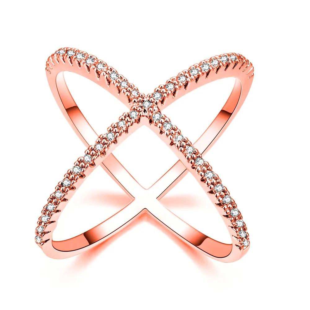 

925 Sterling Silver Cubic Zirconia Rings New X Shape Cross Round Fashion Women Personality Finger Accessories Jewelry Bague 5 розового золота
