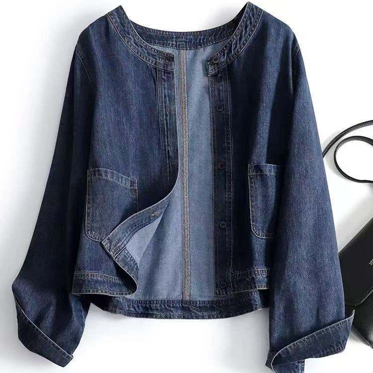 Women's Spring & Autumn Blue Denim Cardigan Short Jacket - Elegant Original Wash Designer Style Fashionable Casual Office Outerwear