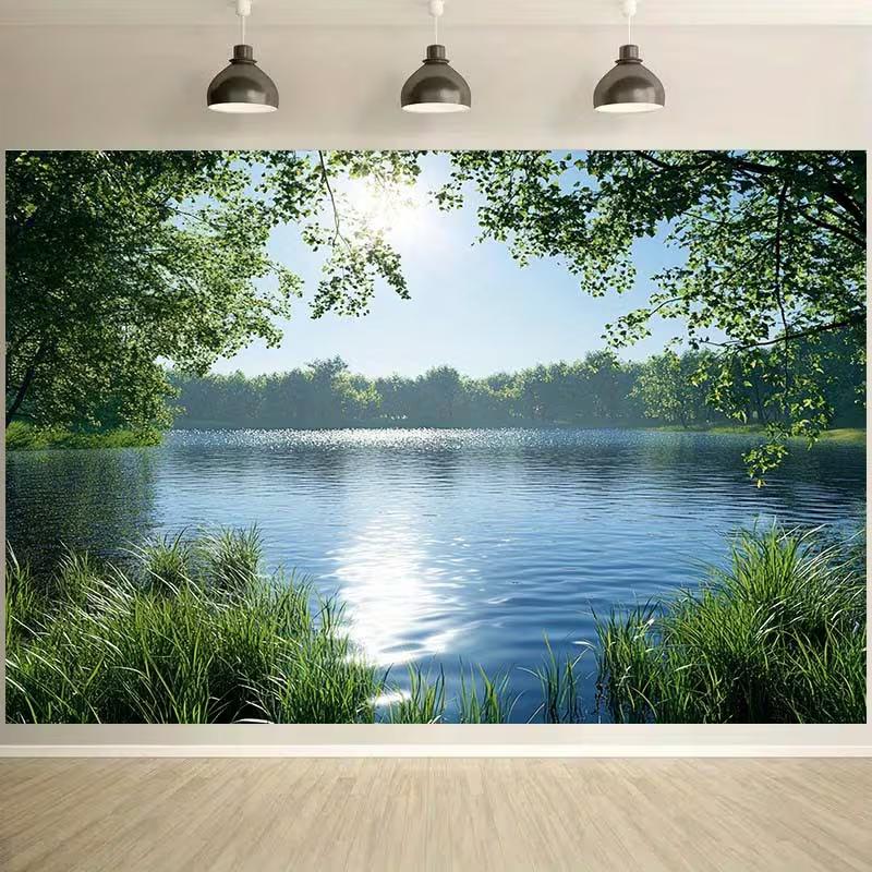 2D Sunny Lake with Trees and Reflections Backdrop Party Photo Background Cloth