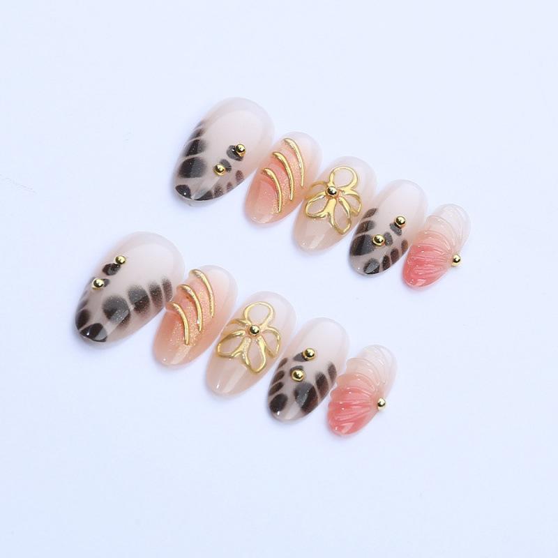 30 pieces of hot-selling leopard print French almond gilt wearing nail 3d three-dimensional exquisite flower handmade nail art