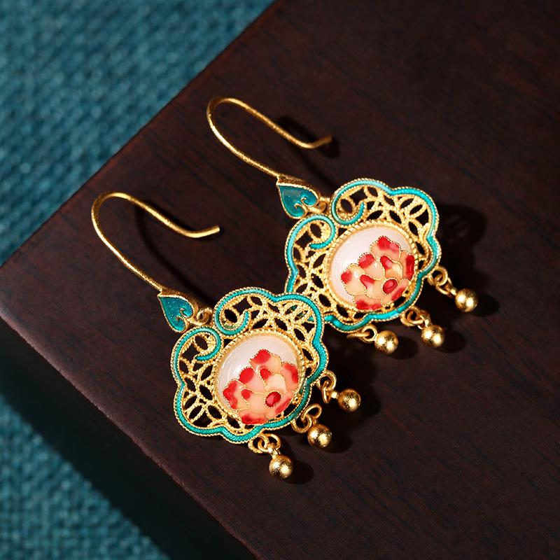 2022 Stylish Autumn/Winter Chinese Cold Enamel Peace Lock Tassel Earrings with Imitation Jade