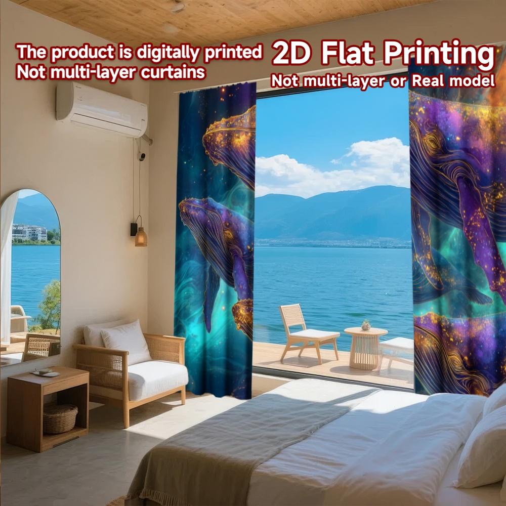 Set Of 2 Modern Flat Printing Curtains Without Rod Galactic Whales Ocean Fashionable Curtainments During Easter Holiday Curtain Polyester