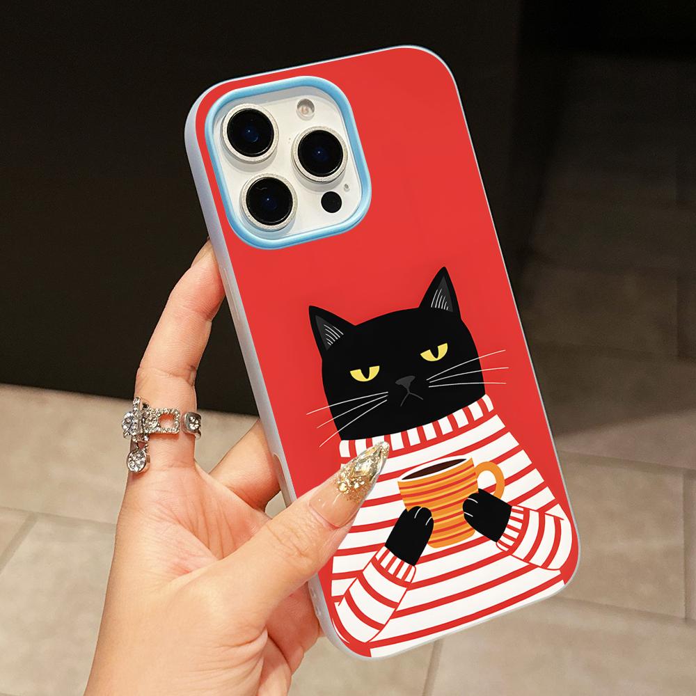 Cute Coffee Cat Jelly Double layer Light Blue Mobile Phone Case for iPhone 17 16 15 14 13 12 11 Air Pro Max Plus Protective