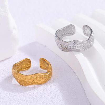 Stainless Steel Hammered Gold Open Adjustable Ring with Irregular Lines