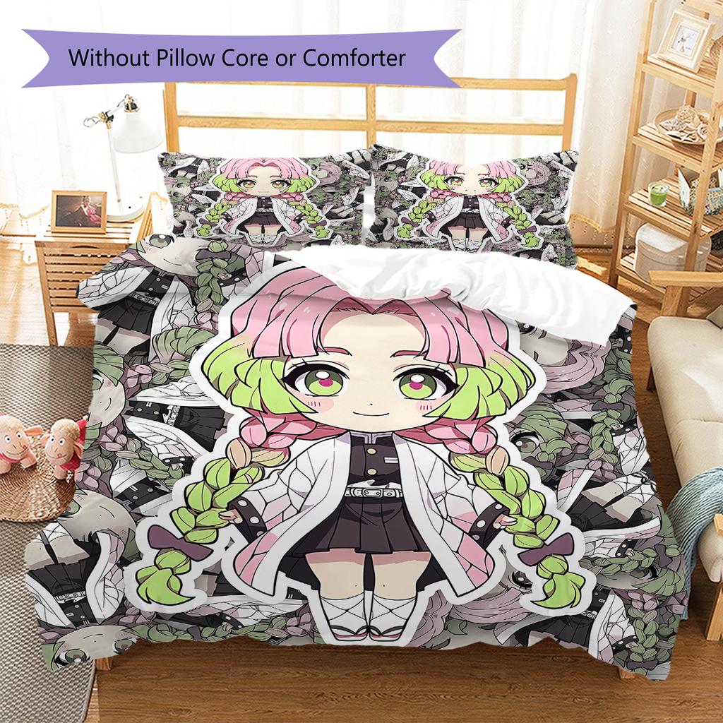 Demon Slayer Pattern Bedding,Quilt Set Quilt Cover Pillowcase Home Birthday Gift (1 * Duvet Cover + 2 * Pillowcase, Without Core)