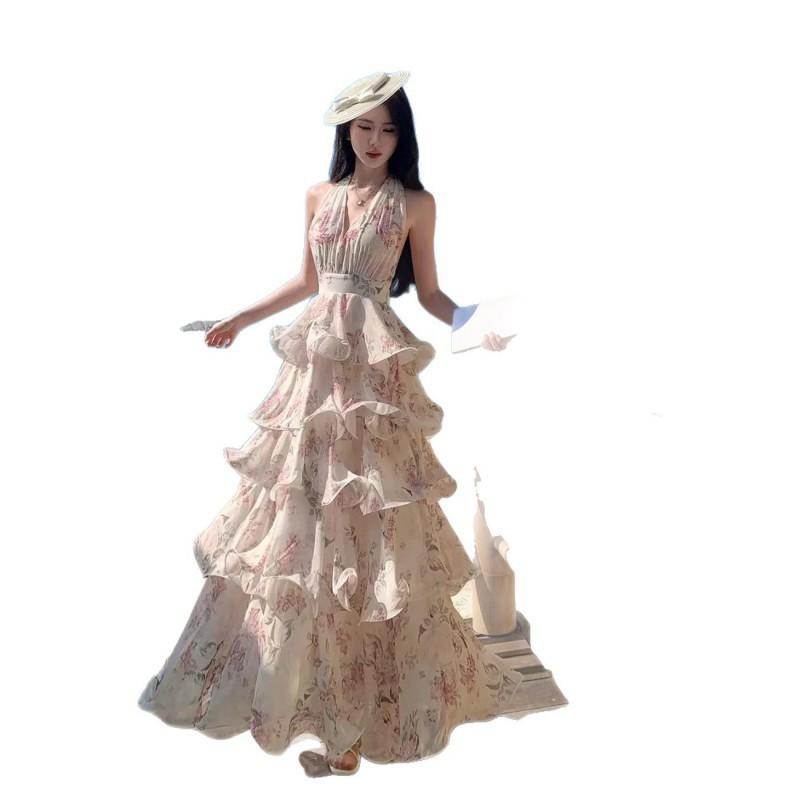 Morning Dew Rose GardenFrench Vacation Style Printed Neck Chiffon Cake Long Dress Women's Collar Beach