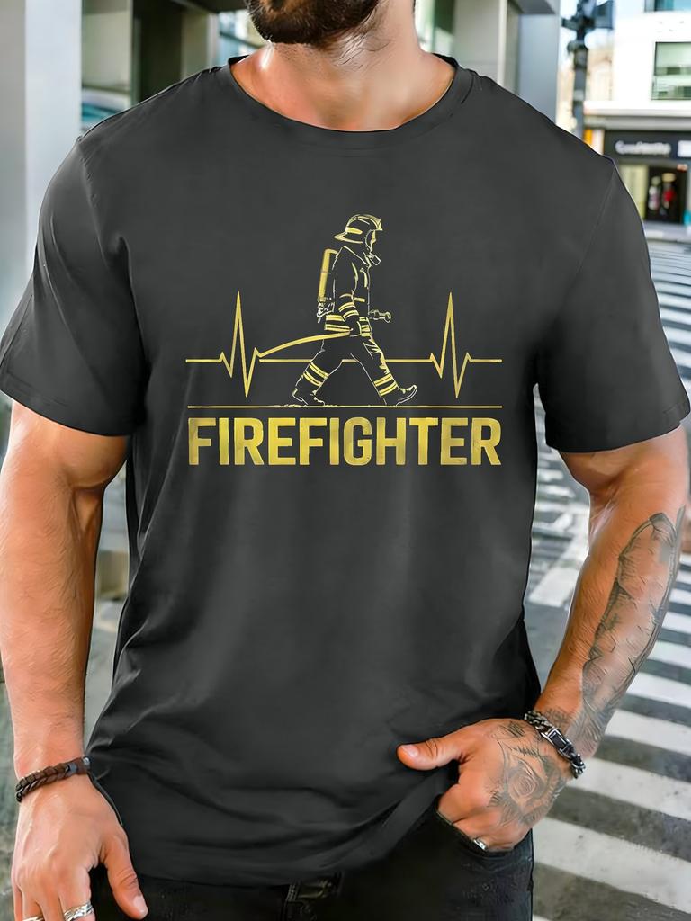 Unisex Firefighter Heartbeat Silhouette Retro Art Cotton Short Sleeve Tee Crew Neck Soft Male Summer Casual Breathable Street Top