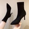High Heels Pointed Short Boots Women 2025 Autumn and Winter Velvet Thin Heel Black Elastic Socks Boots Internet Celebrities Show Thin Boots Medium Tub