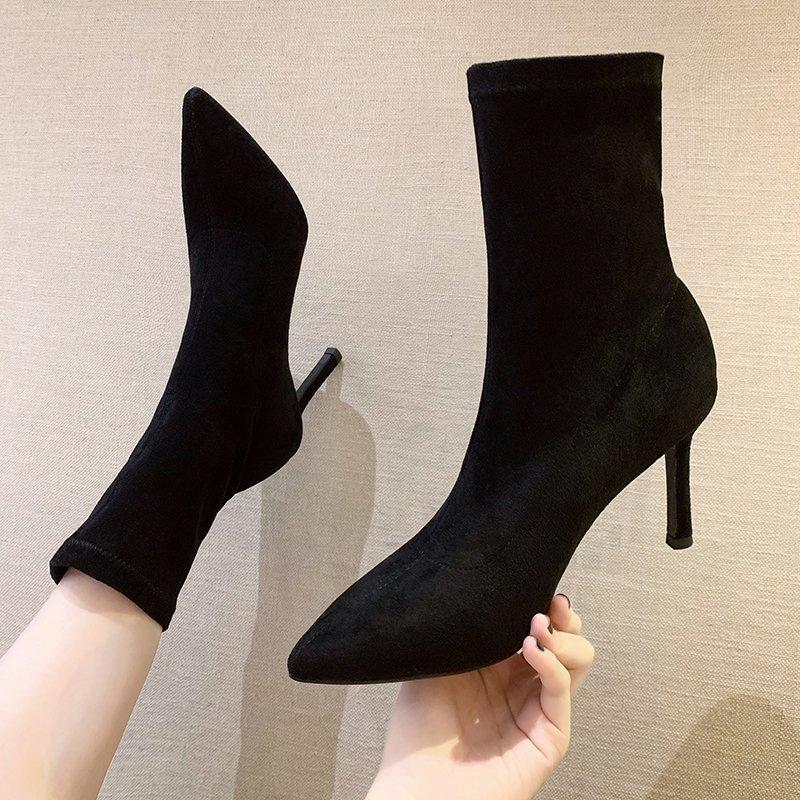 High Heels Pointed Short Boots Women 2025 Autumn and Winter Velvet Thin Heel Black Elastic Socks Boots Internet Celebrities Show Thin Boots Medium Tub