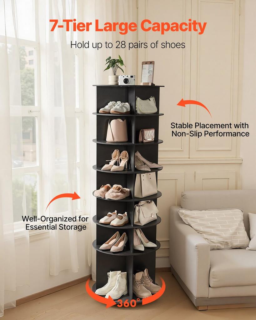 7 Tiers Rotating Shoe Rack Tower, 360° Spinning Shoe Rack, Revolving Storage Round Carousel Display, Freestanding Lazy Susan Organizer Display for