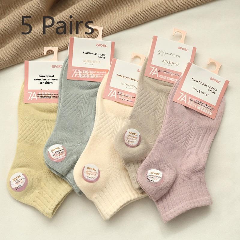 5 Pairs of Female Spring and Summer Pure Color Sports Deodorant Sweat Breathable Boat Socks