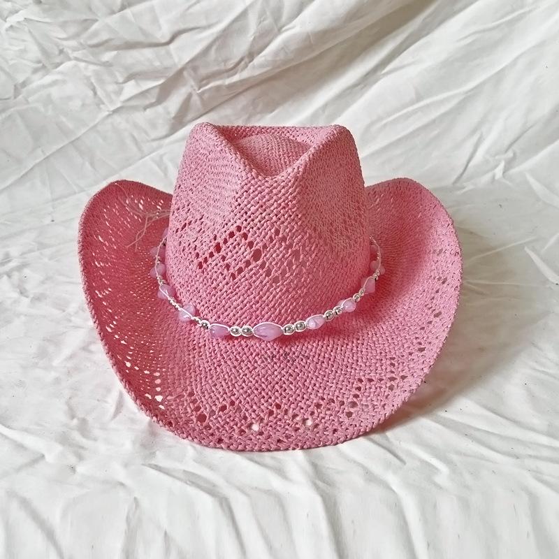 Handmade Hollow Out Cowboy Hat Love Bead Embellished Rolled Brim Western Summer Beach Sun Hat for Women