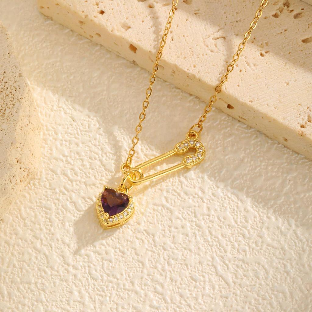 Fashion Stainless Steel Chain Heart Zircon Copper Pin Gold Necklace Ladies Nc-1650