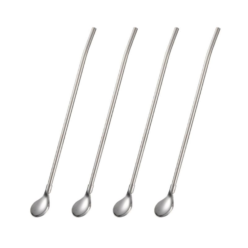 Set of 4 Stainless Steel Straw Spoon Long Handle Stirrer Beverage Drinking 304 Stainless Steel for Cocktail Stirring 1