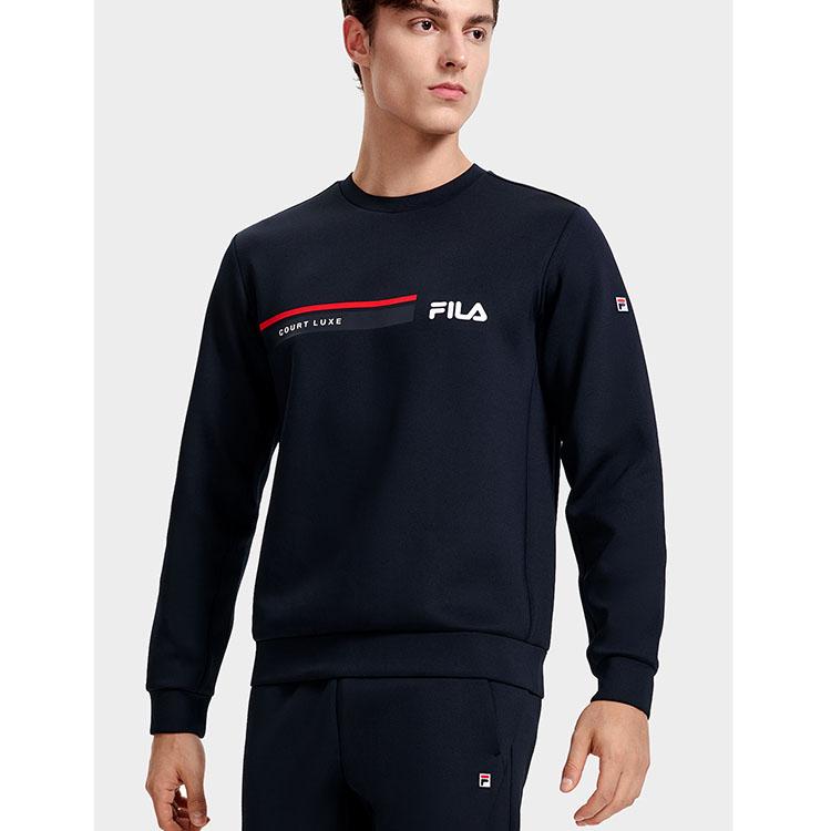 FILA Letter Print Tennis Sports Knit Crew Neck Pullover Sweatshirt Men sweatshirt Dark-Blue A11M313203FNV