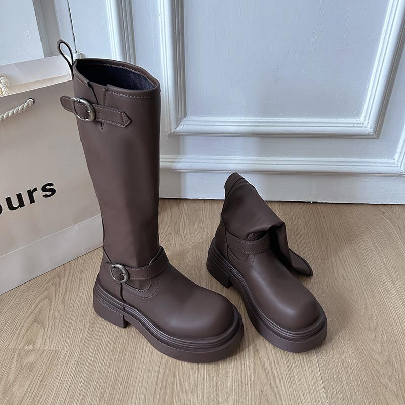 

Женские черные ботинки на толстой подошве 2025 новая весна и осень, но высокие ботинки до колена Maillard облегающие высокие рыцарские ботинки 39 коричневый