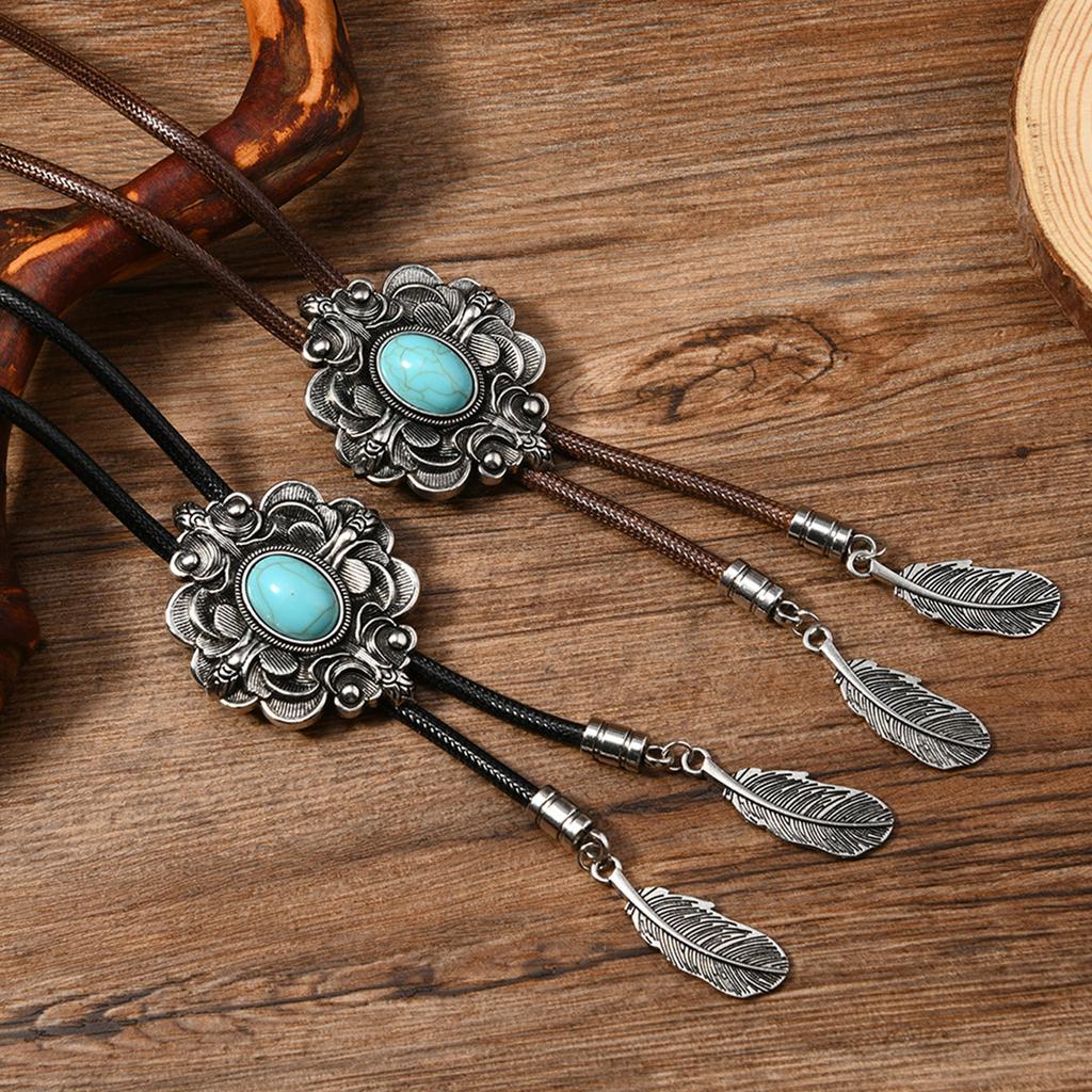 Men's Faux Leather Cord Bolo Tie Western Cowboy Necktie Antique Floral Stone Jewelry Feathered Pendant Western Necklace