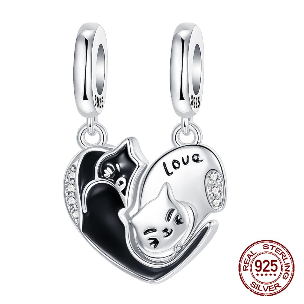 

copper Guardian Luck Luna Purity Black and White Cat Pendant Compatible With Authentic Charm Bracelets Women Do It Yourself Jewellery Gift