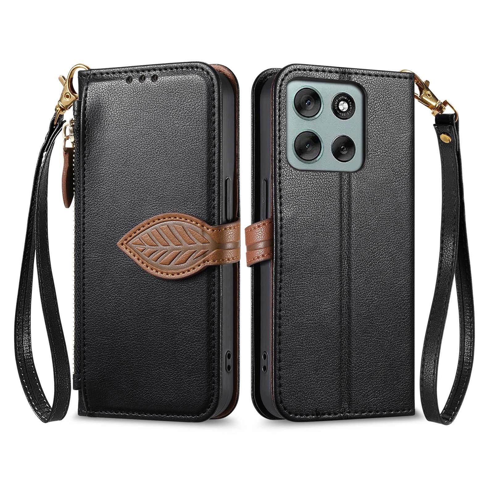 

For Motorola Moto G56 5G Stand Case Leaf Shape Magnetic Clasp Leather Phone Cover with Hand Strap