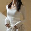 Shirt Square Neck Ribbed Fabric Autumn Bottom Shirt Black Low Neck Women's Shirt Striped Splicing